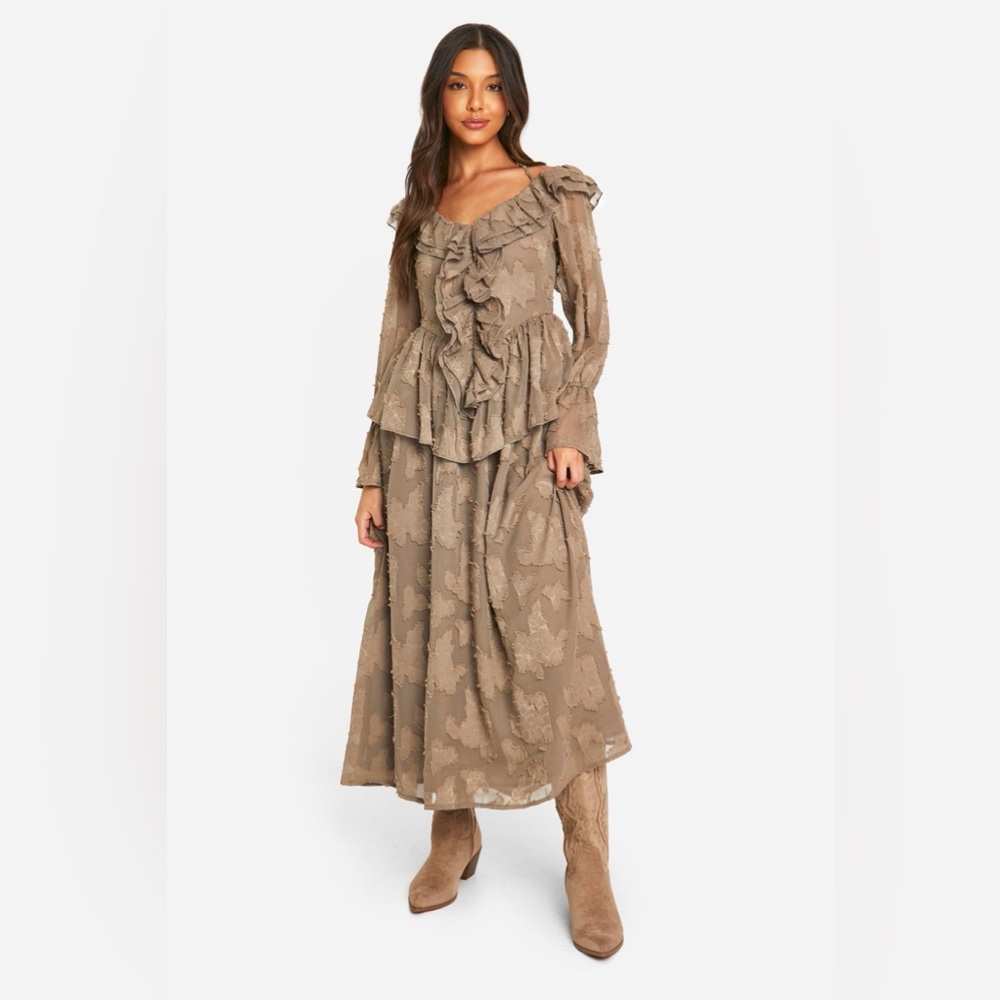 Textured Ruffle Front Midi Dress